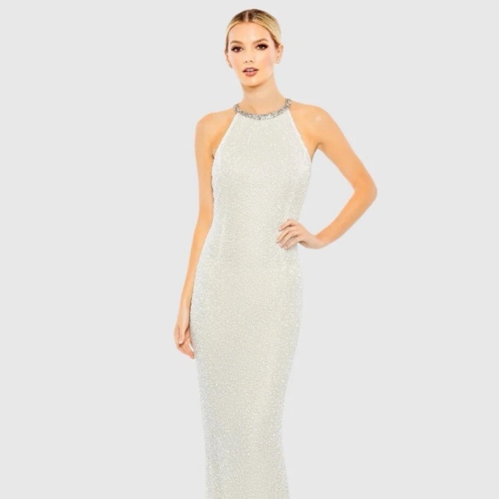 Mac Duggal Strapless White Beaded Dress